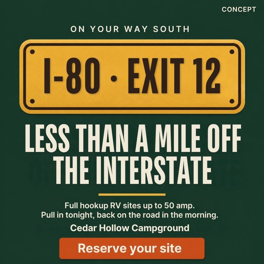 Concept post styled like a highway sign: 'I-80 Exit 12, less than a mile off the interstate', aimed at RV travellers looking for a one-night stop.